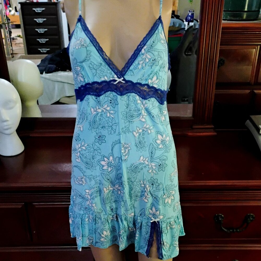 Lt Blue with White Floral pattern & Laced Blue Hemline Sleepwear Slip
